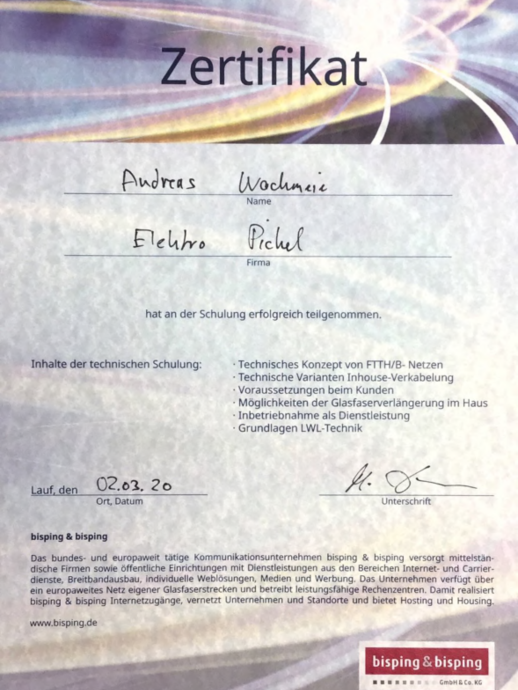 Bisping Glasfaser Schulung bei Pickel Elektro- und Sanitär GmbH in Leutershausen