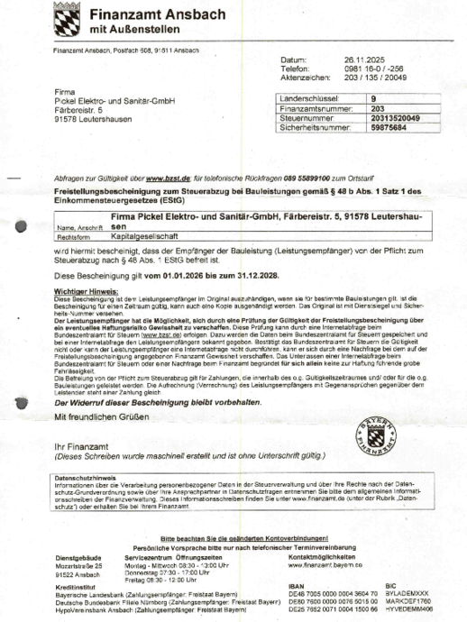 Freistellungsbescheinigung bei Pickel Elektro- und Sanitär GmbH in Leutershausen