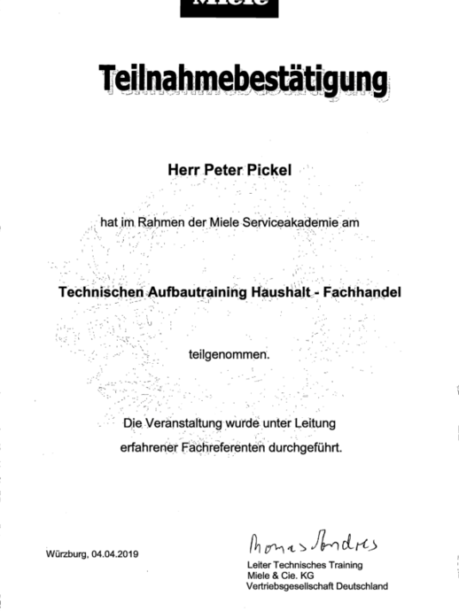 Miele Aufbautraining bei Pickel Elektro- und Sanitär GmbH in Leutershausen