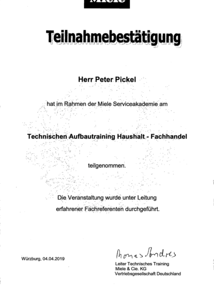 Miele Aufbautraining bei Pickel Elektro- und Sanitär GmbH in Leutershausen