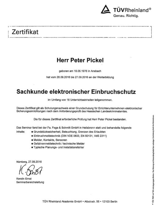Sachkunde elektronischer Einbruchschutz bei Pickel Elektro- und Sanitär GmbH in Leutershausen