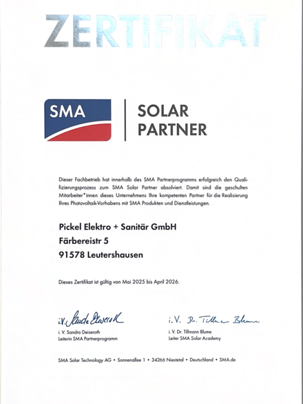 SMA Solar Partner bei Pickel Elektro- und Sanitär GmbH in Leutershausen