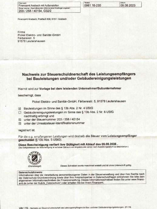 Steuerschuldnerschaft bei Pickel Elektro- und Sanitär GmbH in Leutershausen