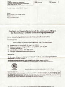 Steuerschuldnerschaft bei Pickel Elektro- und Sanitär GmbH in Leutershausen